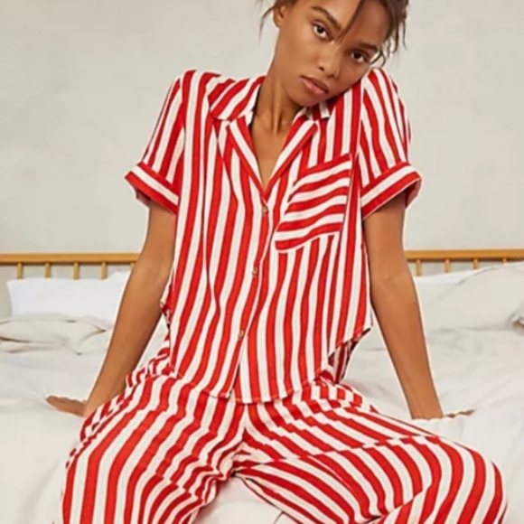 Free People Shiny Nights PJ Set Red & White Stripes NWT Only 1 Sz Small Set Left - Picture 5 of 14